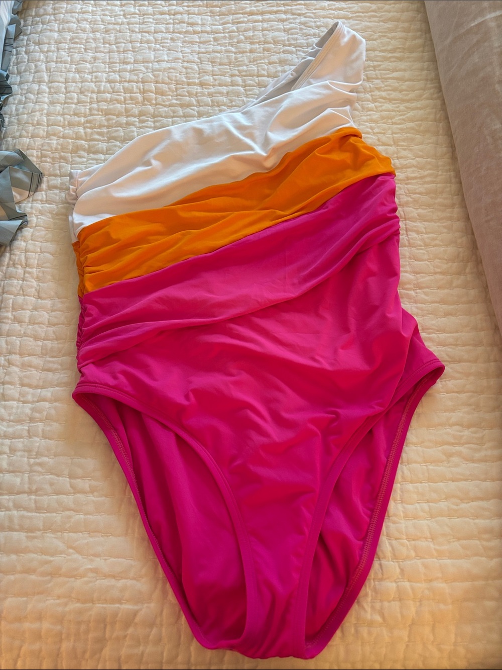 La Blanca One-Shoulder One-Piece Swimsuit in Pink, Orange & White - size 14